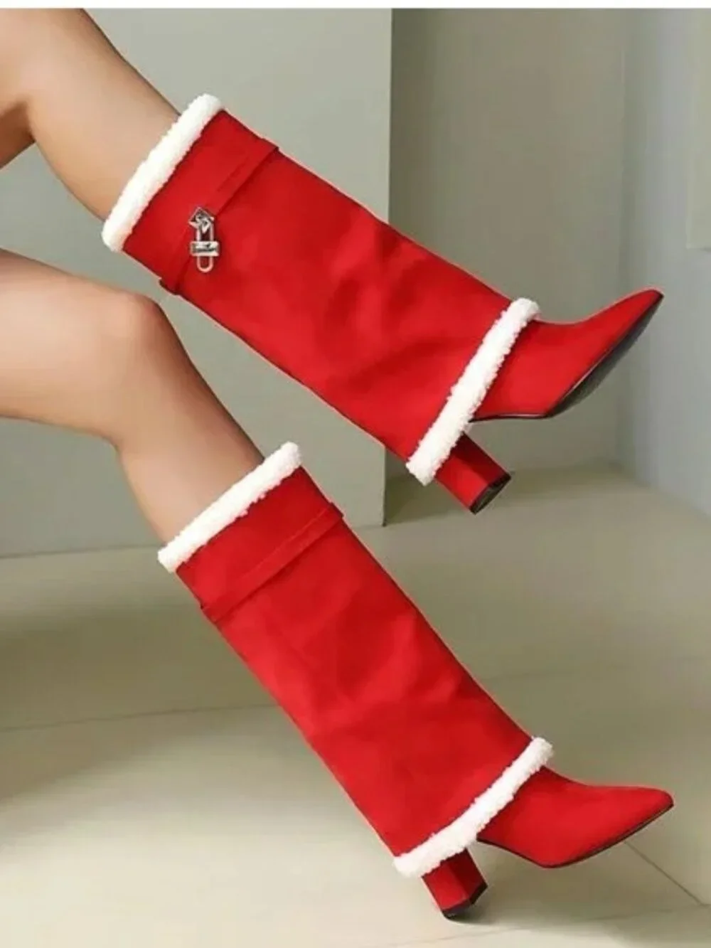 AIJIVOU Size 8 Boots Red Fold Over Padlock Mid Calf Pointed Toe Fur Trim